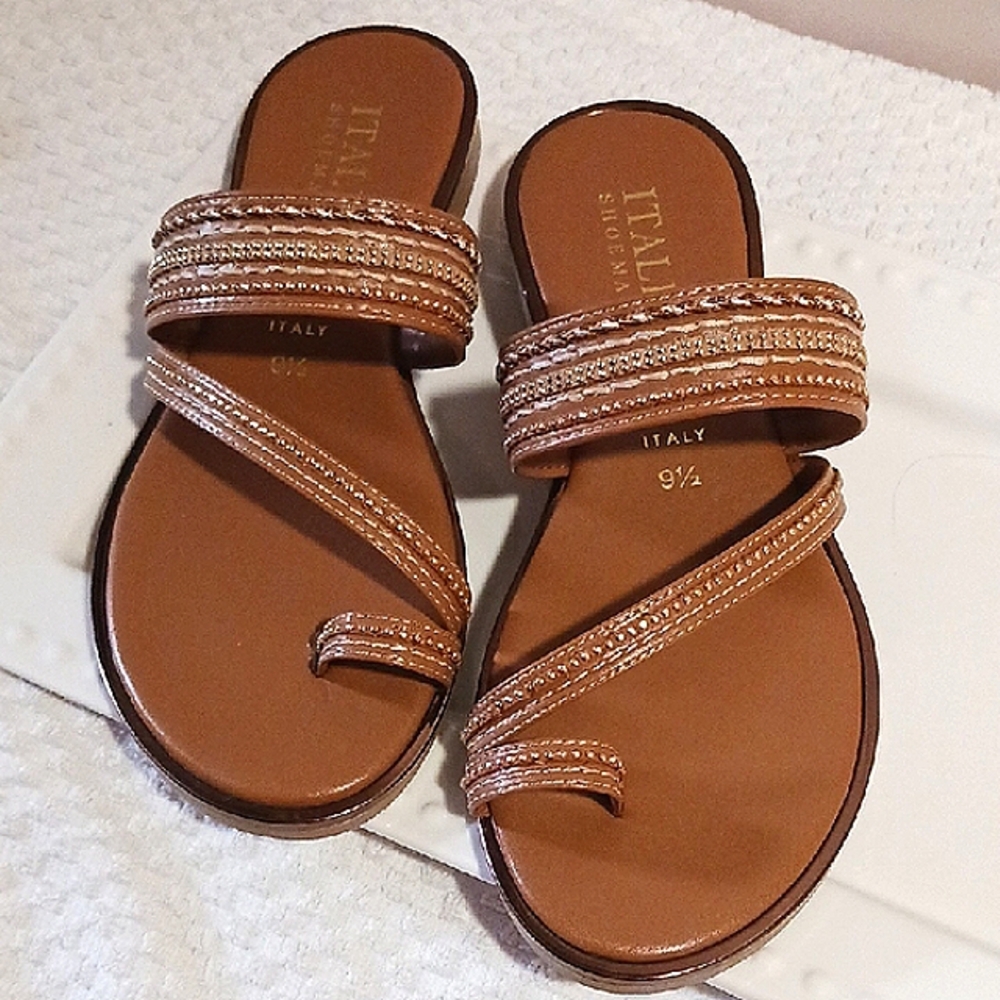 Italian Shoemakers ⚜️ Brown Strappy Sandals Gold Detail Design 9.5 Made In ITALY - Picture 12 of 12